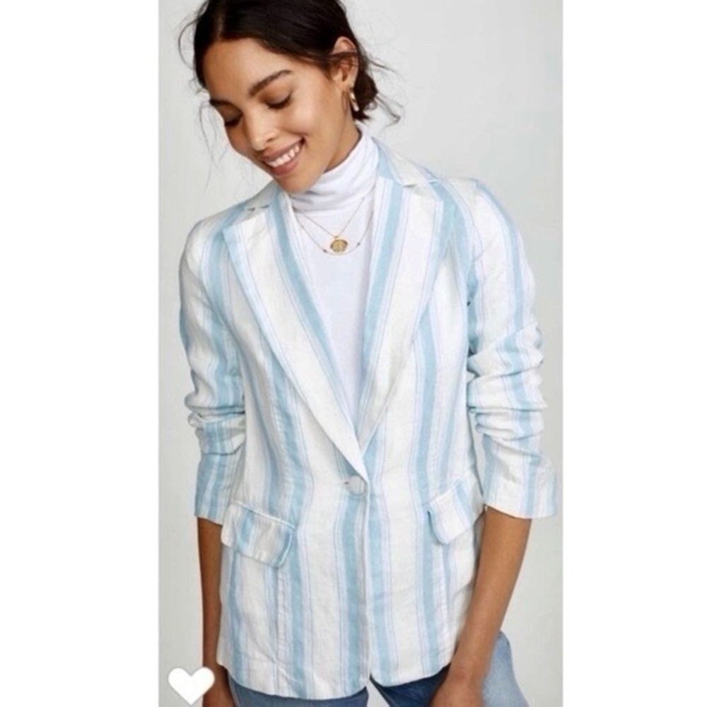 FRAME CLASSIC STRIPE BLAZER WHITE & BLUE SIZE 6 LINEN JACKET $400